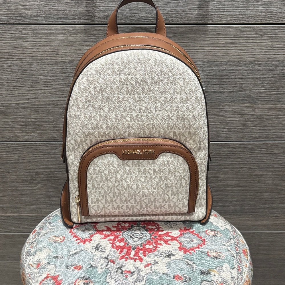 Michael Kors Cream and Brown Logo Backpack